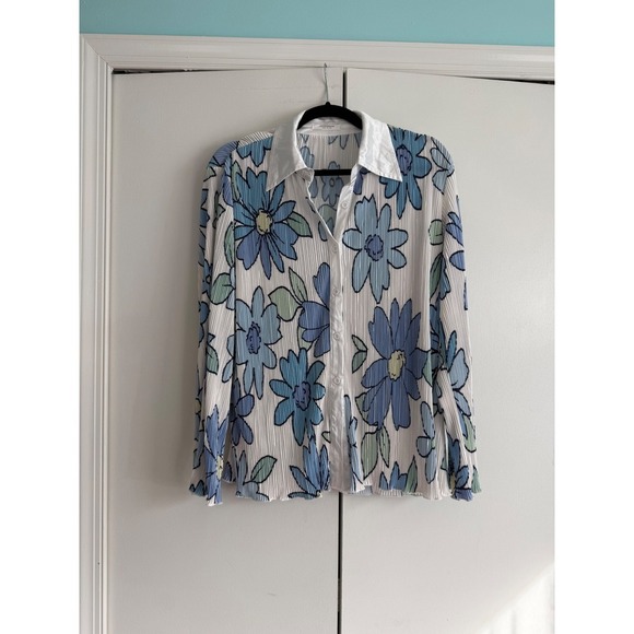 PEPPERMAYO Floral‎ Pleated Shirt Button Front Long Sleeve Women's Top - Picture 2 of 11